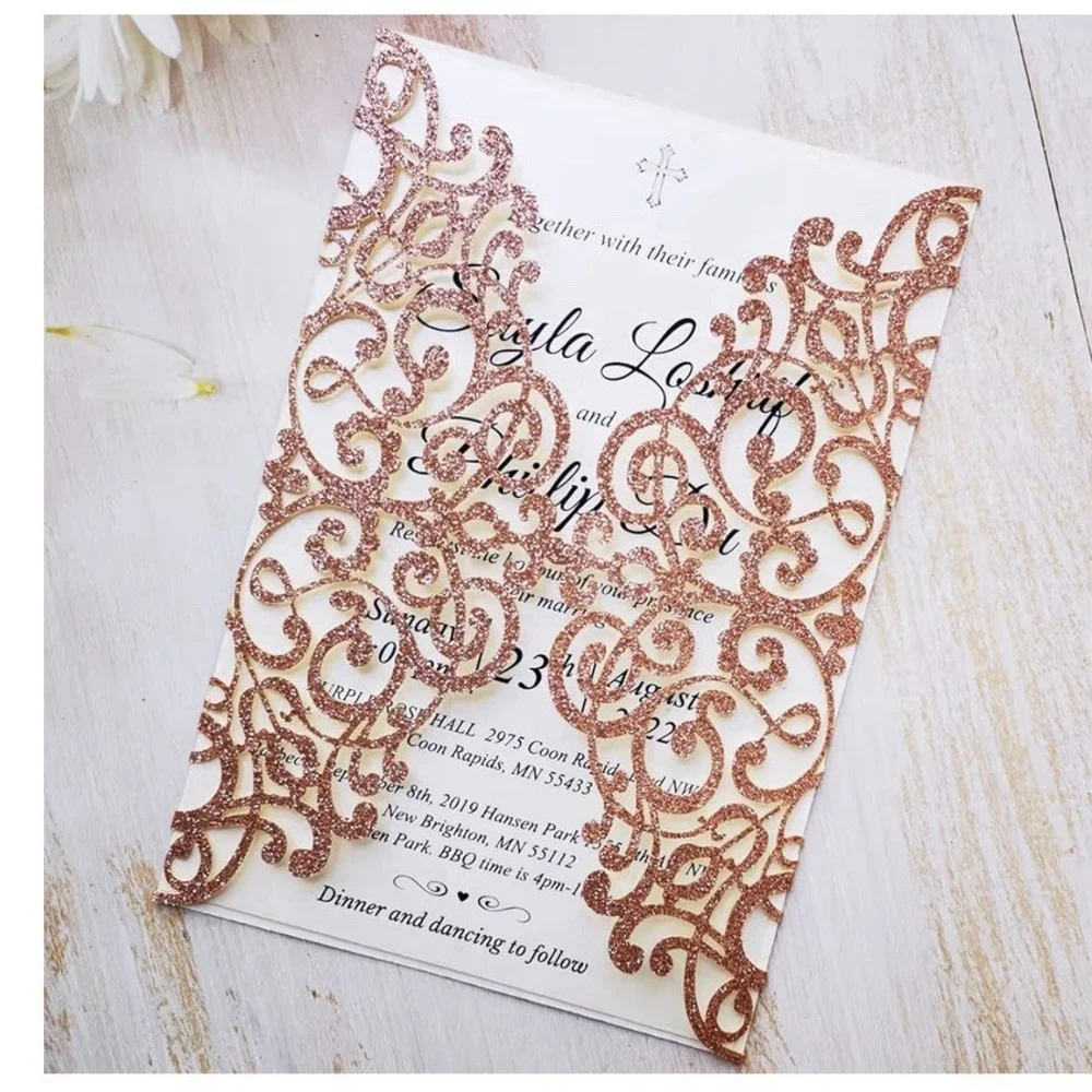 20x Laser Cut Lace Flora Wedding Invitation Cards with Ribbon Bow and Envelop...